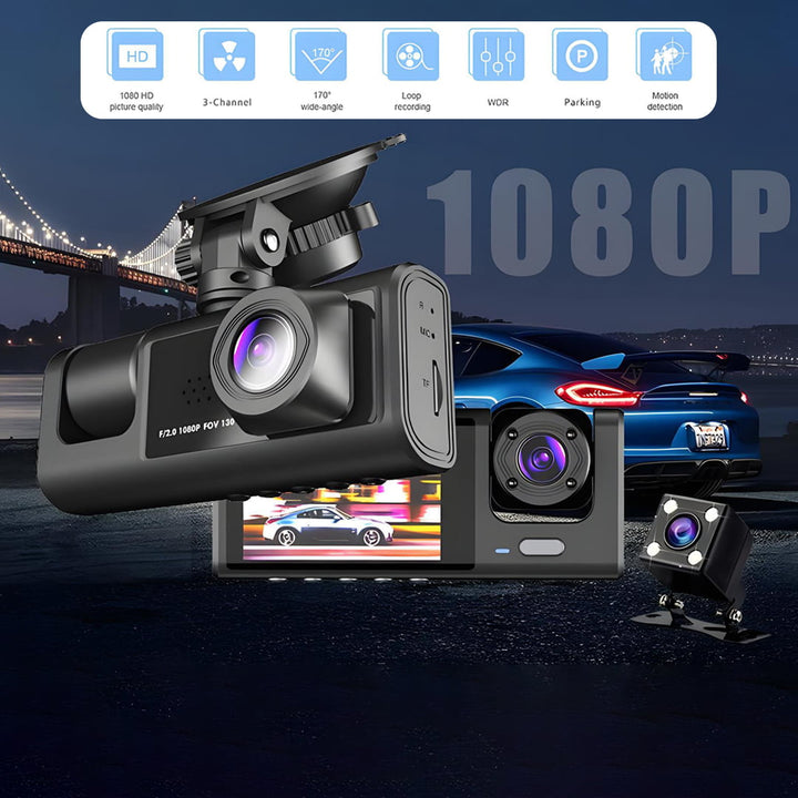 3-in-1 3-Channel (Front, Interior, and Rear) Car Camera HD 1080P Dash Cam