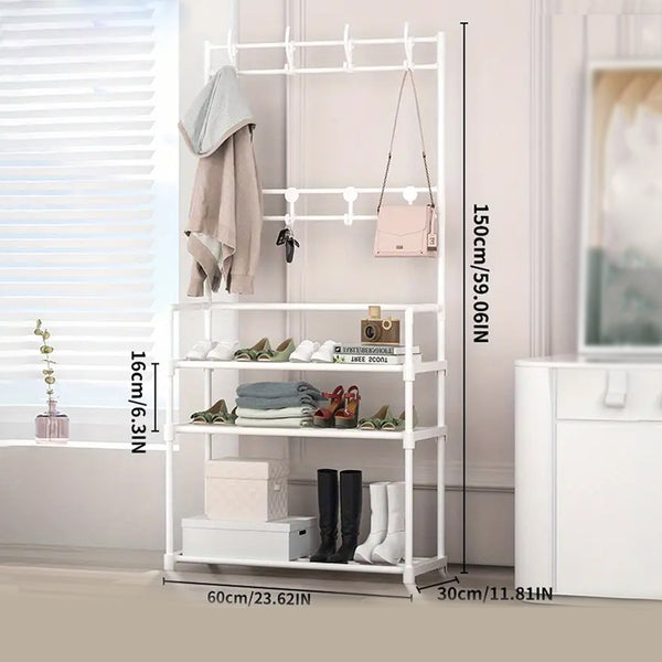 Multifunctional 3-Shelf Shoe Organizer Rack with 8 Hooks for Hanging Clothes & Hats