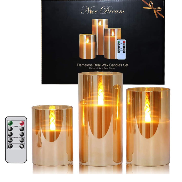 Flickering Flames LED Candle with Gold Glass Holder Set(3 Pack) 