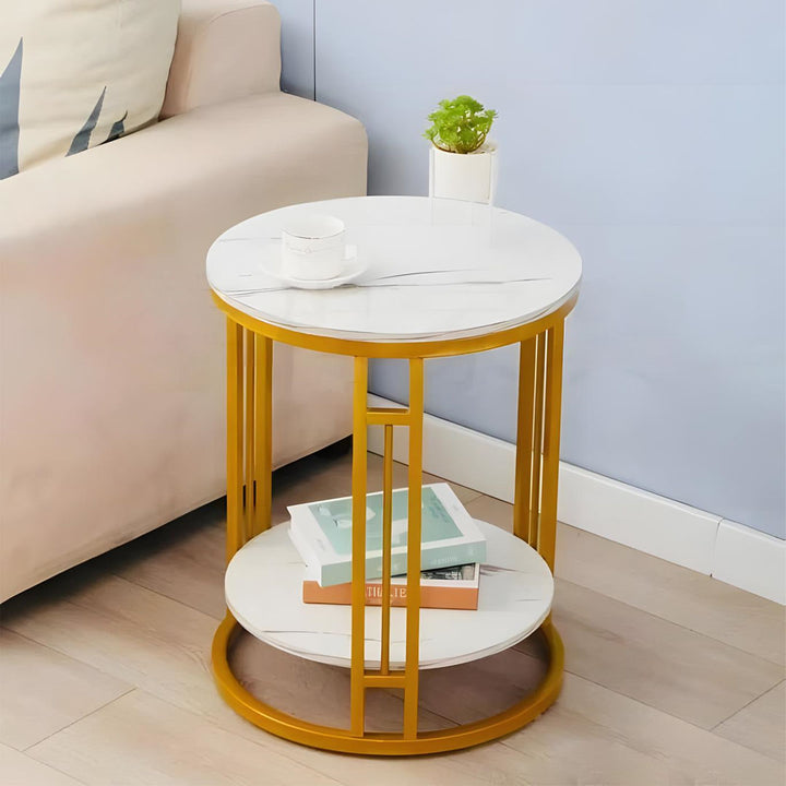 Round Side Coffee Table with 2 Layers with Metal Frame