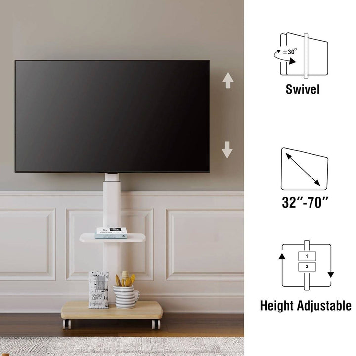 Height-adjustable Mobile TV Stand with Wooden Base and Storage Shelf