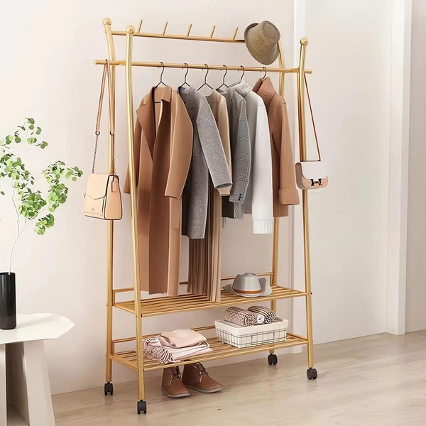 Metal Clothes Stand with 8 Hooks and 2-Tier Bottom Storage Rack
