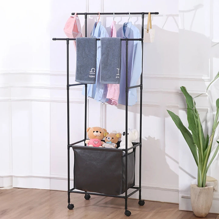 Double Metal Clothes Hanging Rack with Storage Bag and 4 360 Degree Swivel Wheels