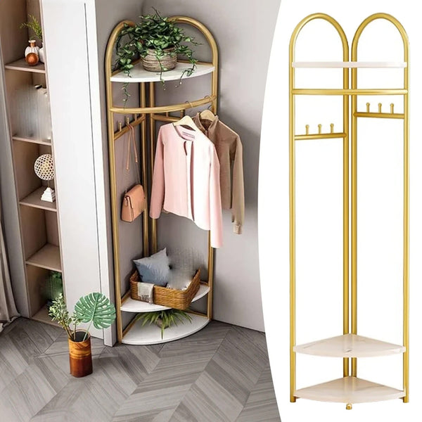 Metal Clothes Stand with 3 Wooden Shelves for Storage and 6 Hooks