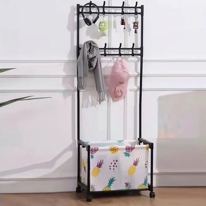 Multi-purpose Organizer Stand with Storage Basket, 8 Clothes Hangers and 4 Wheels