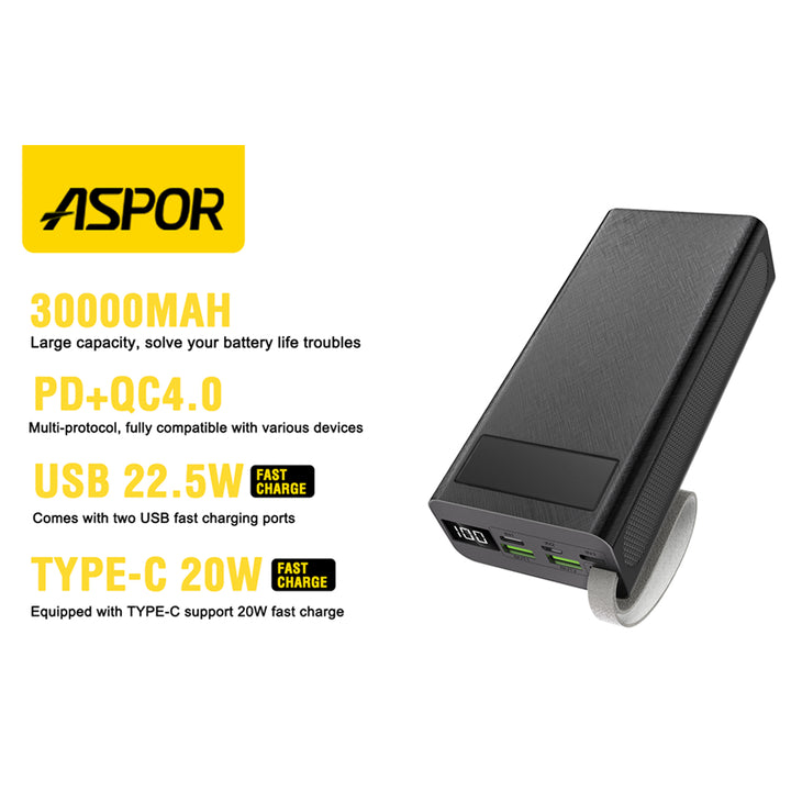 ASPOR A306 30000mAh Big Capacity Power Bank with LCD Display PD + QC 4.0 Fast Charging 