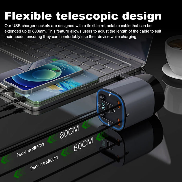 Car Charger with 2 Retractable Lightning & Type C Cables and 2 USB + Type C ports with Digital Display and LED Lighting
