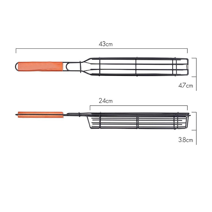 Portable Stainless Barbecue Grill Basket with Wooden Handle
