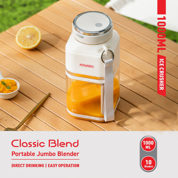 POWERO+ 1000ml Portable Blender with Double Lid and 10 Ice Crushing Blades