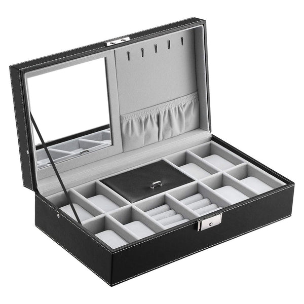 Watch and Accessories Organizer Box 10 Compartments, with Mirror and Side Hangers