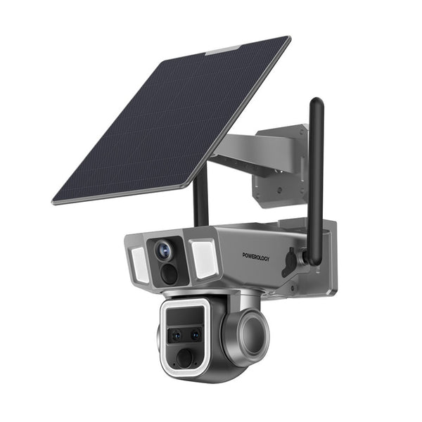 كاميرا خارجية من باورولوجي 4G/WiFi مزدوجة العدسة 360° مع تكبير 10 أضعاف لرؤية ليلية فائقة 