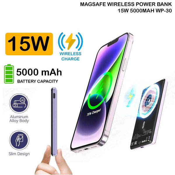 باور بانك لاسلكي مغناطيسي WP-30 بقوة 15 واط وسعة 5000mAh مع مؤشر LED 