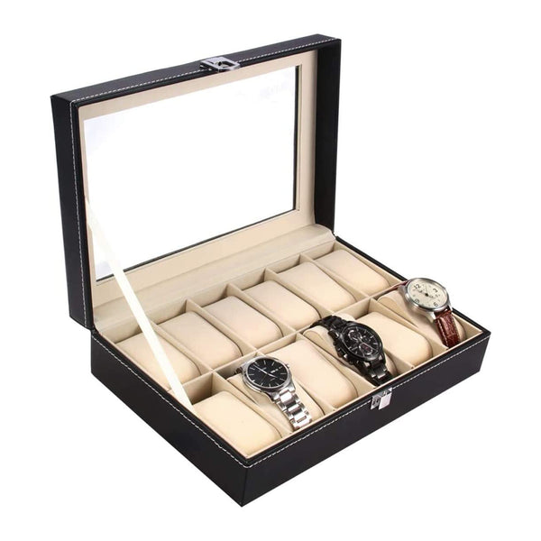 Leather Watch & Jewelry Organizer Box 12 Slot with Removable Velvet Cushions