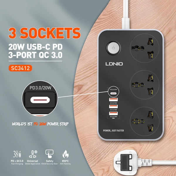 LDNIO SC3412 38W PD20W Power Strip 3 Socket Outlets and 3 QC 3.0 USB