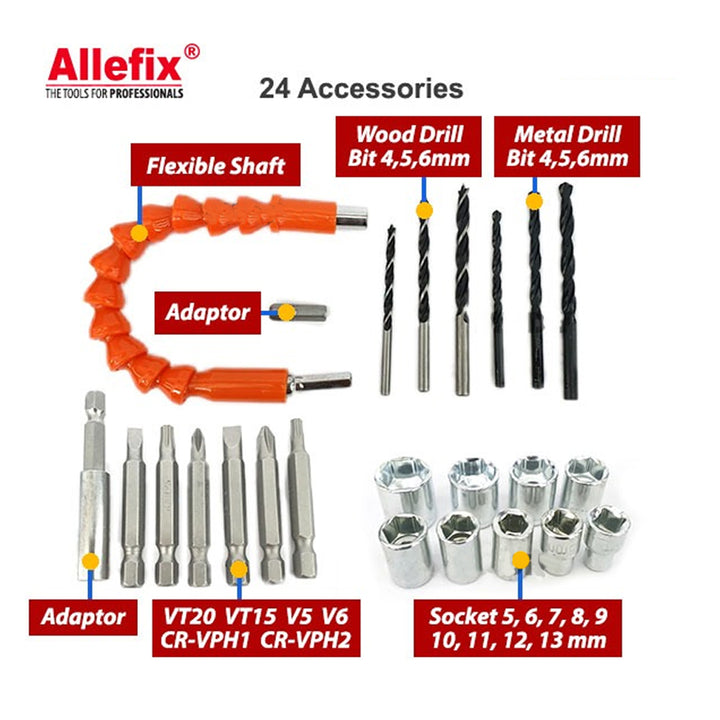 ALLEFIX 18V CORDLESS DRILL 2 SPEED AND TORQUE GRIP 24PCS