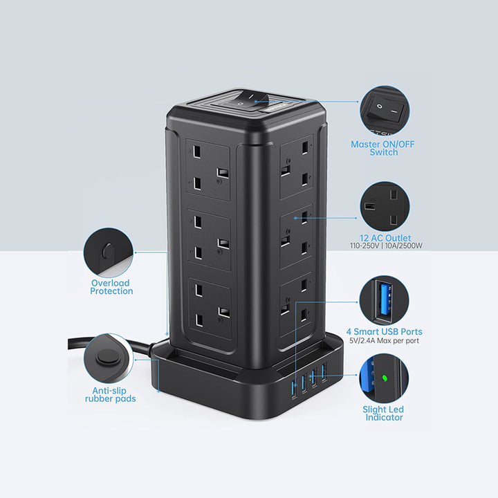 Power Strip Surge Protector Tower with 12 Outlets 4 USB Ports, Long Extension Cord Multiple Outlets