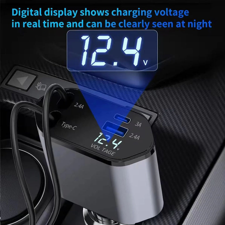 120W 4-in-1 Retractable Car Charger with 2 Charging Cables