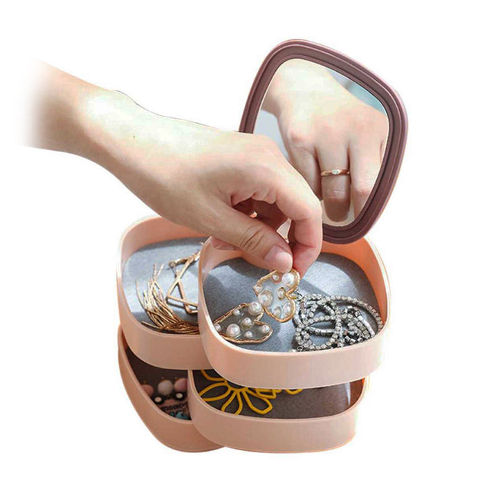 Jewelry Organizer Box with Mirror Rotating 360 Degree Rotating, Women, 4-Layer Accessory Box