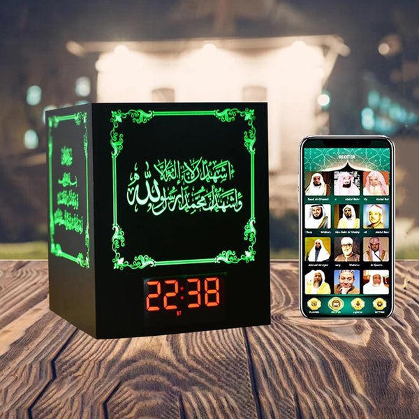 The Holy Quran Digital Clock & Speaker With 25 Night Light Colors Listen to Quran 30 Reciters and 28 Translations
