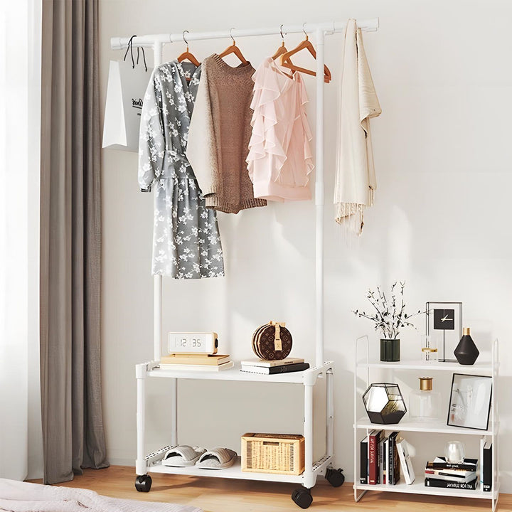 Clothes Organizer Rack with 2 Storage Shelves with Hanging Rod