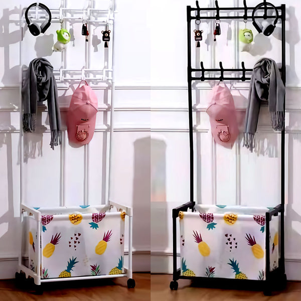 Multi-purpose Organizer Stand with Storage Basket, 8 Clothes Hangers and 4 Wheels