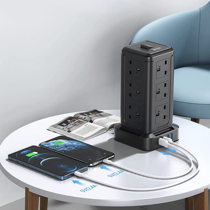 Power Strip Surge Protector Tower with 12 Outlets 4 USB Ports, Long Extension Cord Multiple Outlets