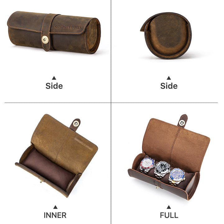 Leather Watch Roll Case for 3 Watches Made of Premium Natural Leather