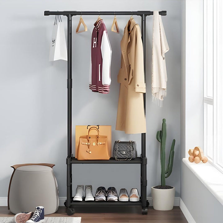 Clothes Organizer Rack with 2 Storage Shelves with Hanging Rod