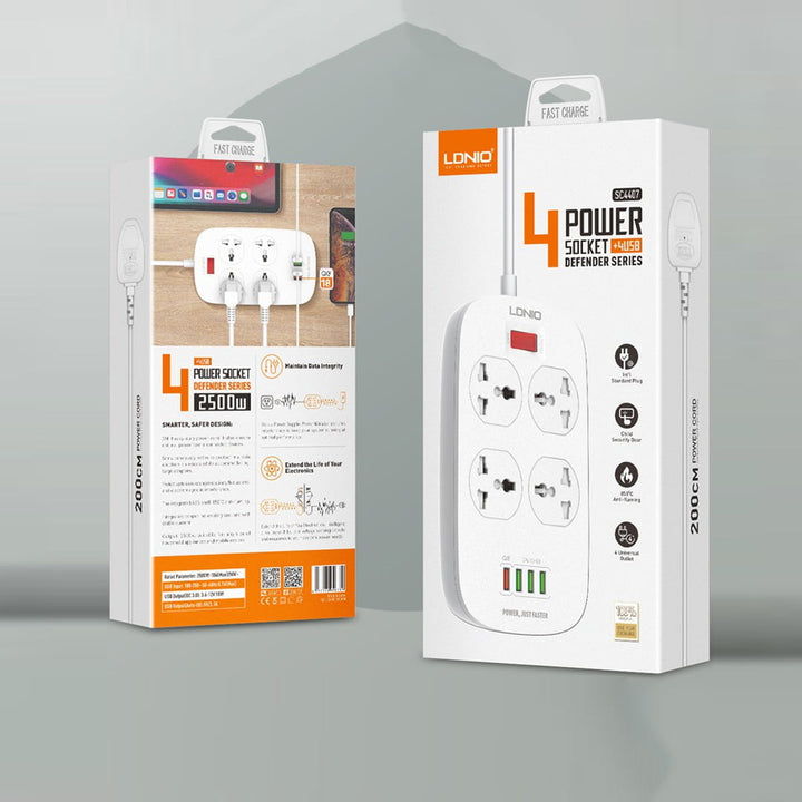 LDNIO SC4407 2 Meters Power Socket with 4 Socket Outlets and 4 USB Port