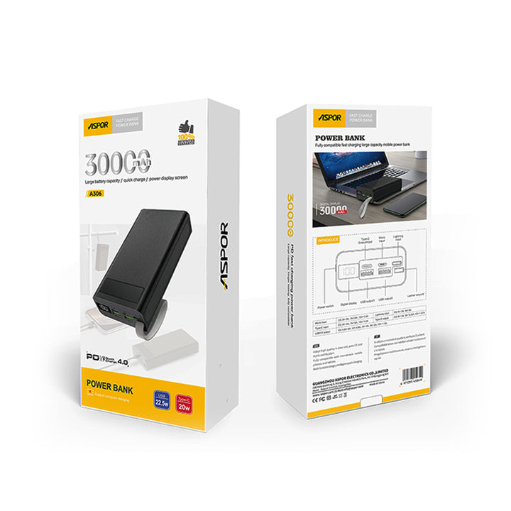 ASPOR A306 30000mAh Big Capacity Power Bank with LCD Display PD + QC 4.0 Fast Charging