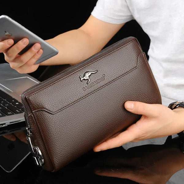 Leather Anti Theft Men Clutch Bag With Code Lock Wallet Wrist Bag Zip Around Handbag