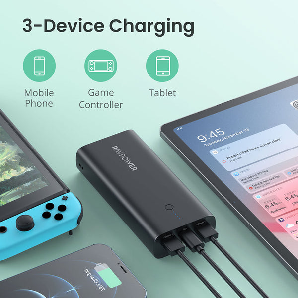 RAVPOWER 2 in 1 Power Bank and Charger Multiport 2USB-A QC and 1 PD with LED Indicator 10000mAh - RP-PB243
