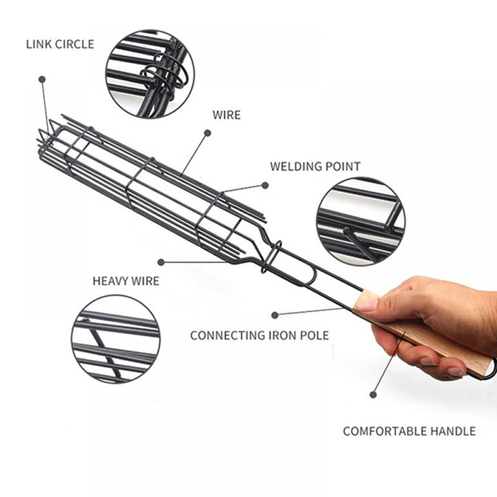 Portable Stainless Barbecue Grill Basket with Wooden Handle