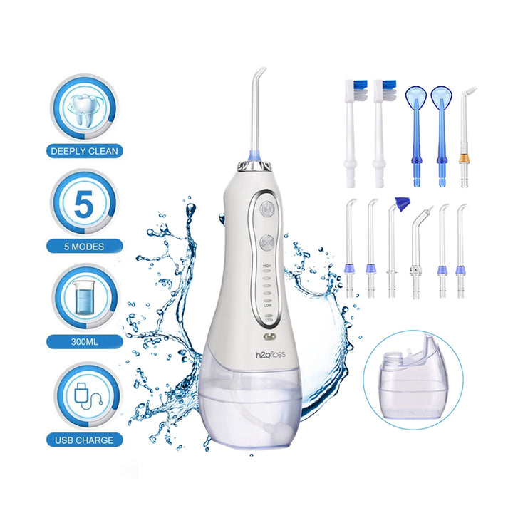 H2ofloss HF-6 - 300ml Cordless Dental Flosser Teeth Cleaner 5 Speed & 5 Jet Tips + 6 Additional Tips + Bag