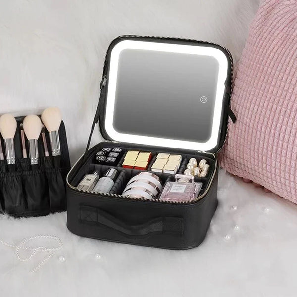 Makeup Bag with Adjustable Lighted Mirror with Organized Space