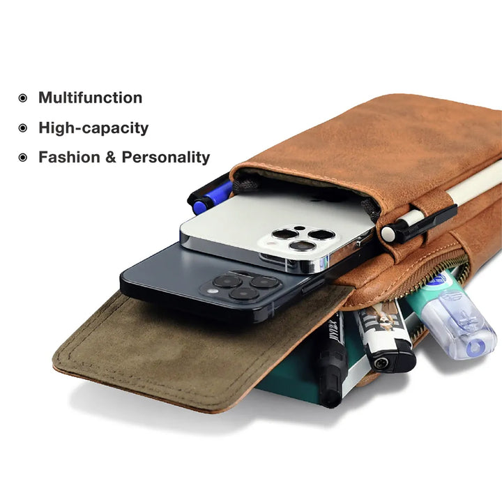 PULOKA High Quality Large Capacity Leather Multi-Layer Waterproof Mobile Bag