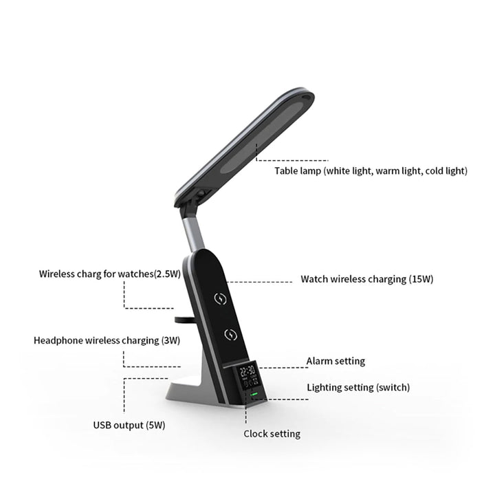 FOLDABLE LED DESK LAMP WITH WIRELESS CHARGER AND DIGITAL CLOCK