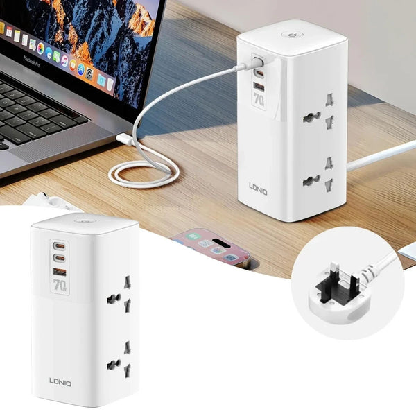 مشترك كهربائي من LDNIO  بقوة 2500 واط مع 4 مقابس ثلاثية ومنفذ USB و منفذين Type-C 