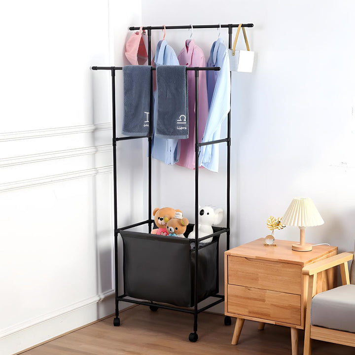 Double Metal Clothes Hanging Rack with Storage Bag and 4 360 Degree Swivel Wheels