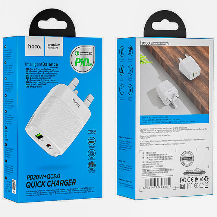 Hoco C85B Wall charger “C85B Bright” PD20W + QC3.0 UK plug