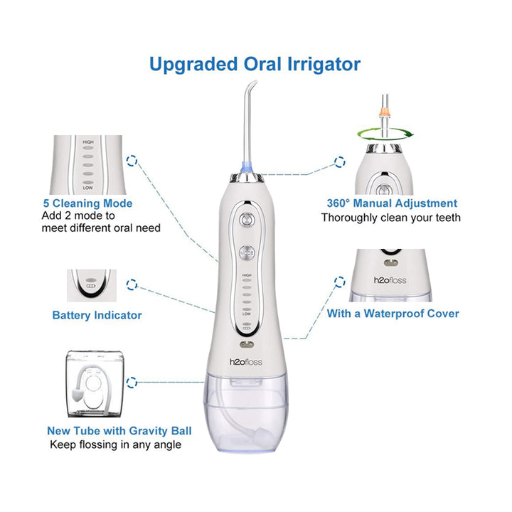 H2ofloss HF-6 - 300ml Cordless Dental Flosser Teeth Cleaner 5 Speed & 5 Jet Tips + 6 Additional Tips + Bag