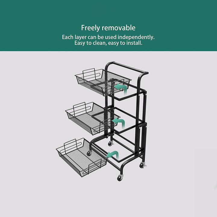 3 Tier Foldable Kitchen Cart for Multifunctional Use With Four Wheels