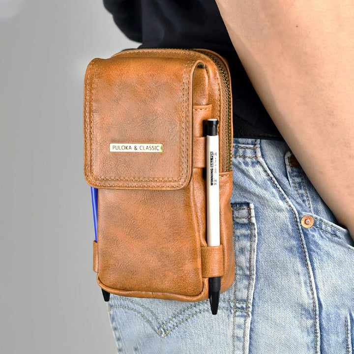 PULOKA High Quality Large Capacity Leather Multi-Layer Waterproof Mobile Bag