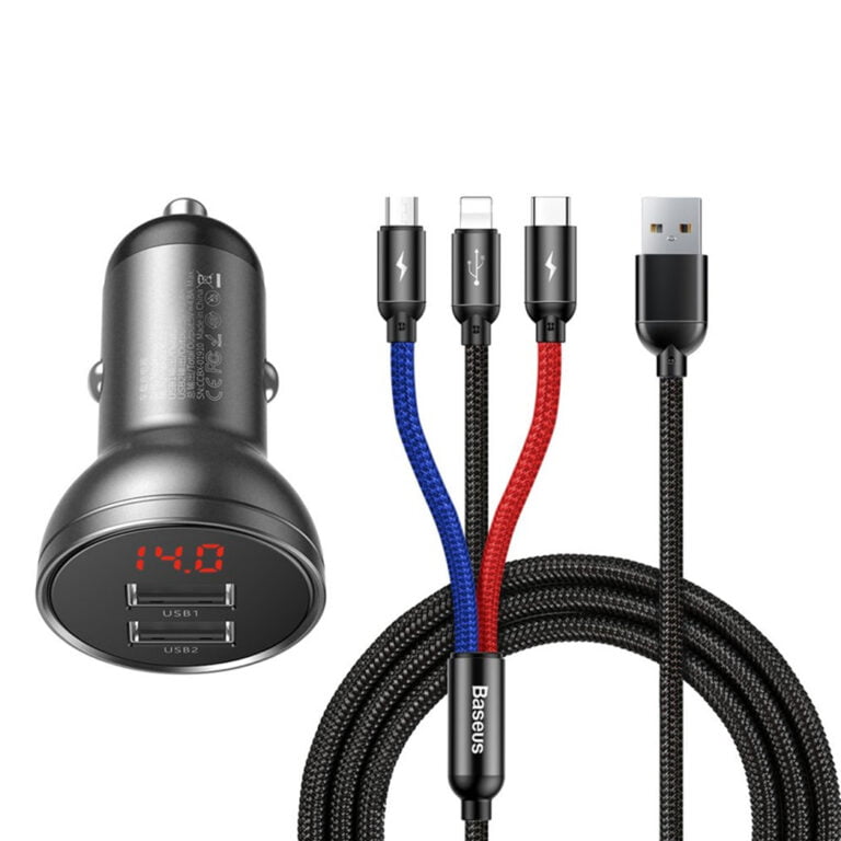 BASEUS 4.8A CAR CHARGER + 3 IN 1 USB CABLE 1.2M