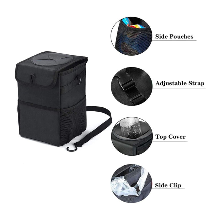 Portable Folding Car Trash Can with Lid and Storage Pockets Waterproof and Leak Proof