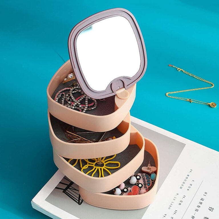 Jewelry Organizer Box with Mirror Rotating 360 Degree Rotating, Women, 4-Layer Accessory Box
