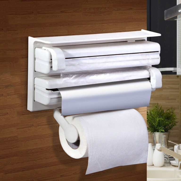Triple Paper Dispenser | 4 in 1 Foil Cling Film Tissue Paper Roll Holder for Kitchen with Spice Rack