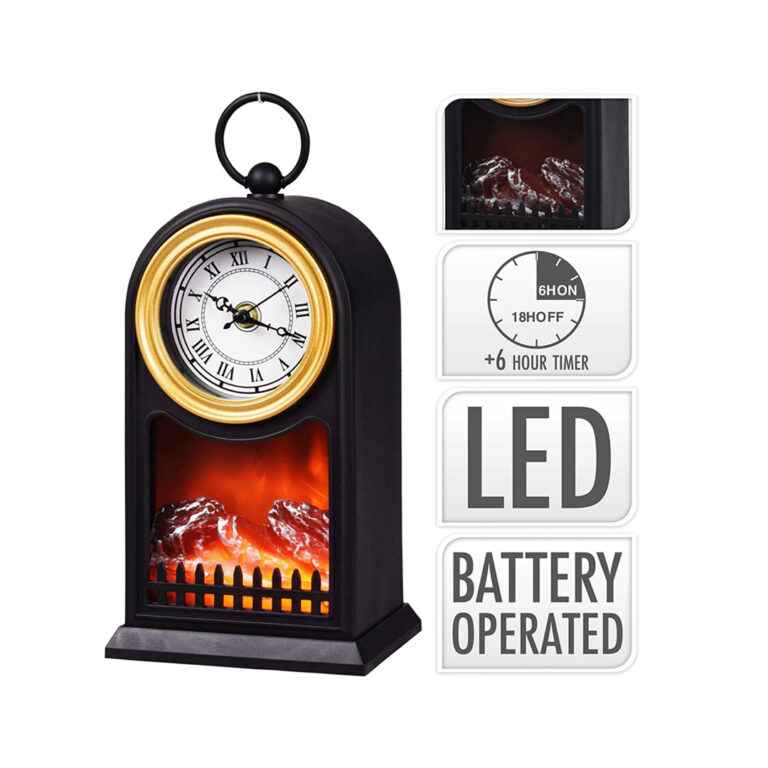 LED Fireplace Lantern Mantle Clock Battery Operated Lamp