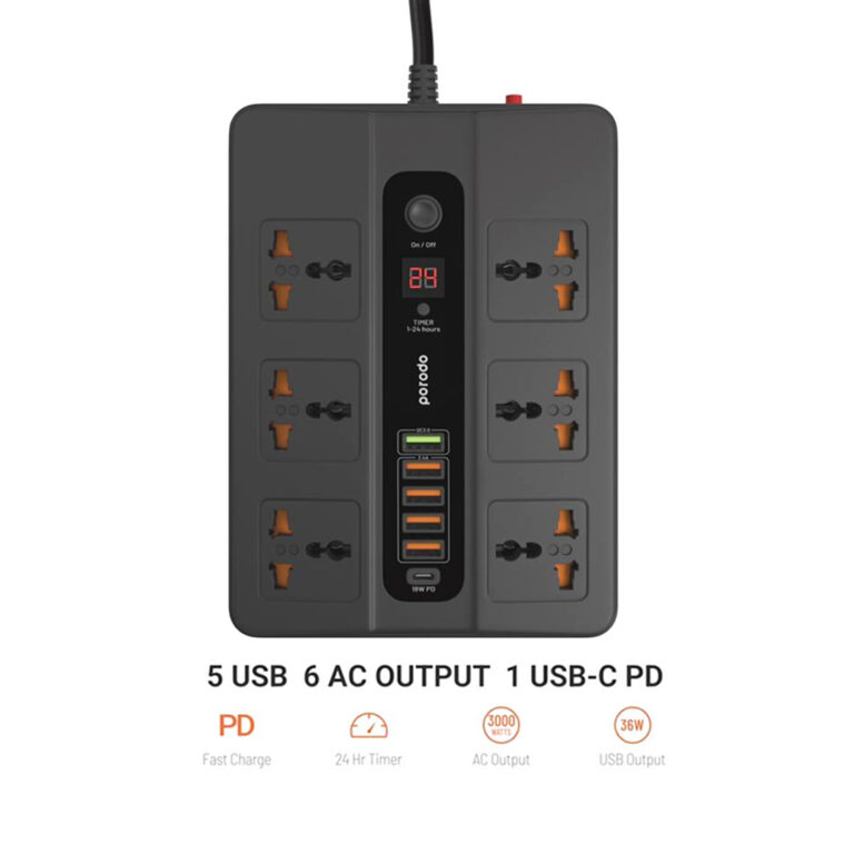 Porodo Multiport Super Hub Socket 5-USB / 6-AC / 1-USB-C PD