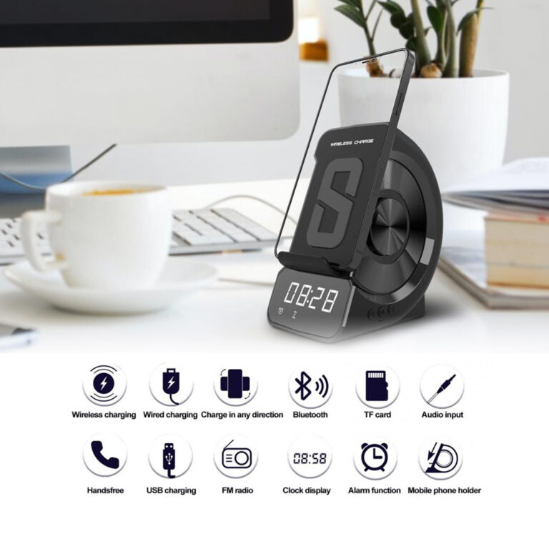 WD-200 Multifunction Wireless Charger Bluetooth Speaker Digital LED Display Alarm Clock Radio Charging Station